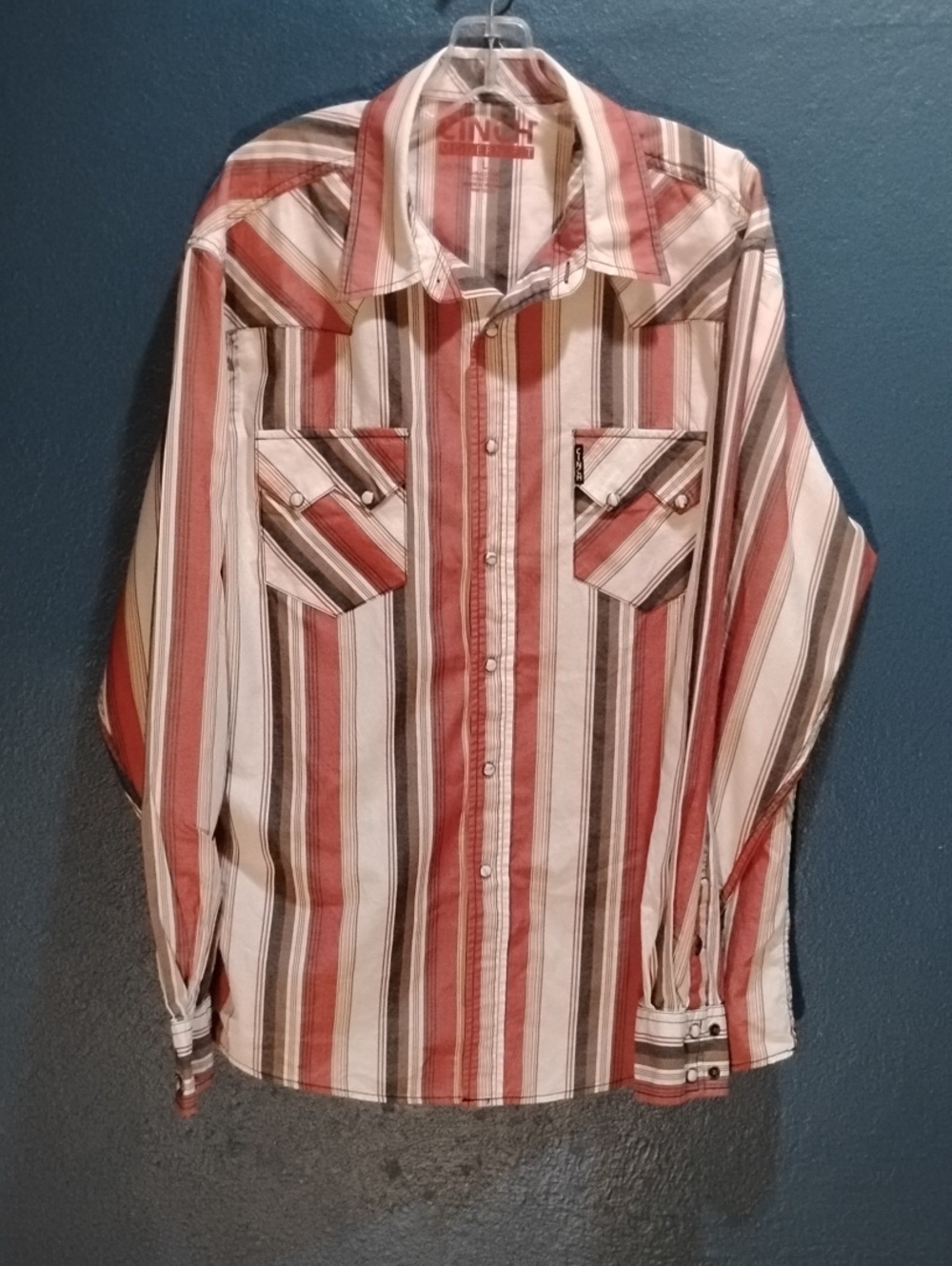 Cinch Men's Striped Red, Brown & White Western Snap Shirt